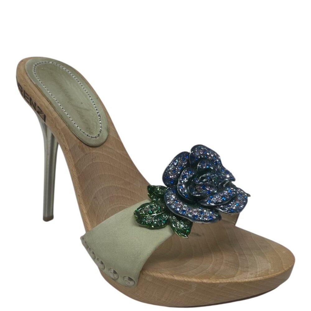 Rare Gianmarco Lorenzi Crystal Flower Wooden Platform Mules 36 / 6